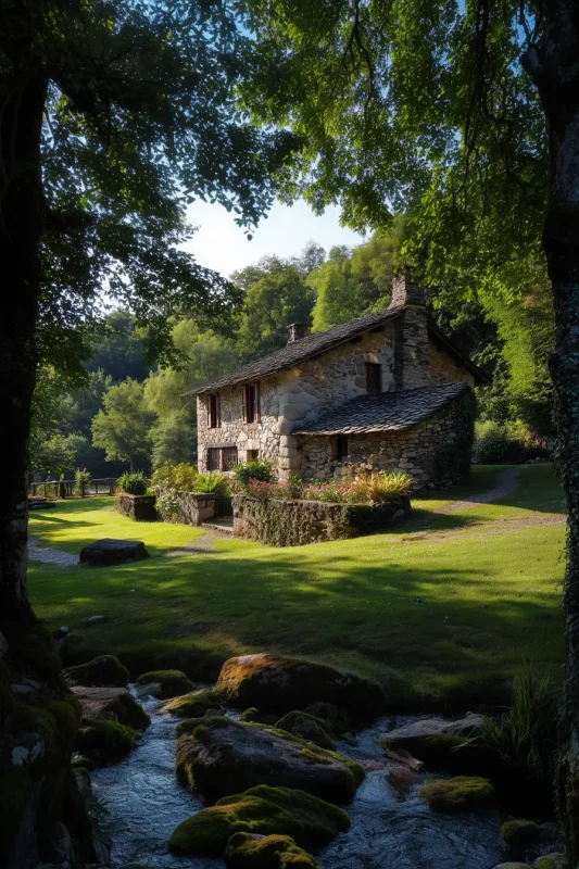 Imagen generada con IA de una casa rural de piedra rodeada de árboles y río, ideal para alojamientos turísticos o entornos naturales.