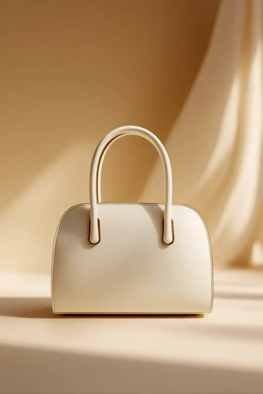 Imagen de producto generada con inteligencia artificial mostrando bolso beige elegante sobre fondo neutro, estilo fotografía publicitaria.