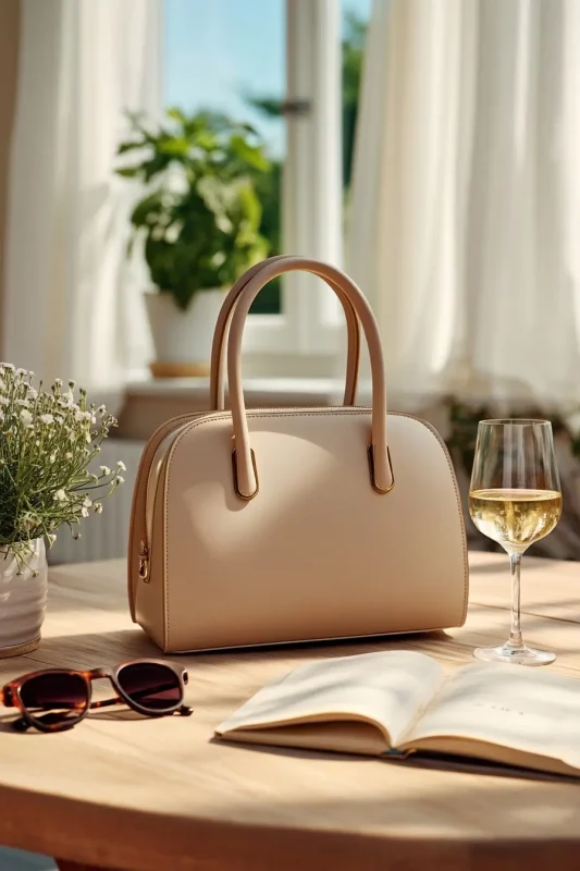 Visual creado con IA de bolso beige en escena de lifestyle con copa de vino, gafas y libro, ideal para promoción de producto elegante.