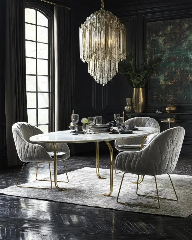 Interior lujoso creado con inteligencia artificial, comedor con lámpara de cristal, mesa blanca y sillas acolchadas, ideal para decoración o interiorismo premium.