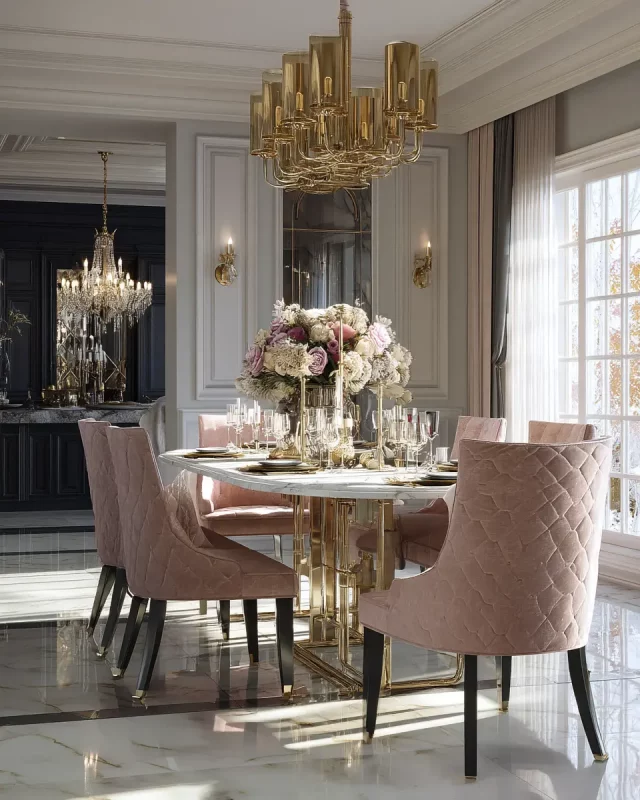 Comedor clásico y elegante diseñado con IA, estilo palaciego con sillas rosas, candelabro dorado y luz natural, ideal para marcas de decoración.