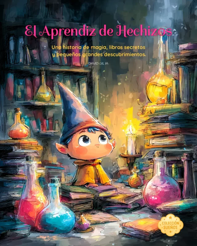 Ilustración para cuento infantil creada con IA, con niño mago, libros, frascos de colores y ambiente mágico, ideal para autores y editoriales.