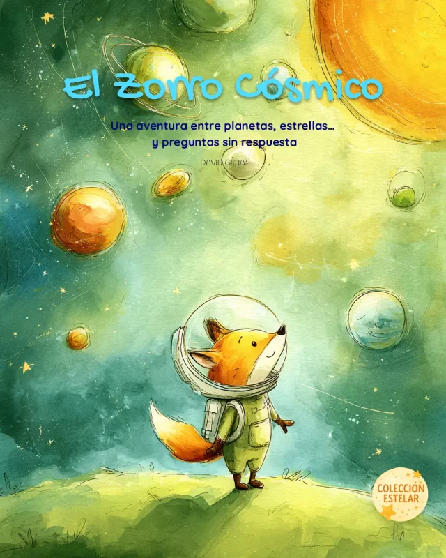 Imagen generada con IA de cuento infantil con zorro astronauta mirando planetas, estilo acuarela, ideal para portadas de libros y cuentos educativos.