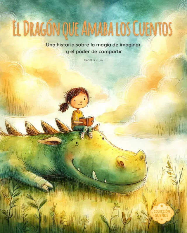 Portada ilustrada con IA de cuento infantil con niña leyendo sobre un dragón en campo soleado, escena emotiva ideal para libros infantiles.