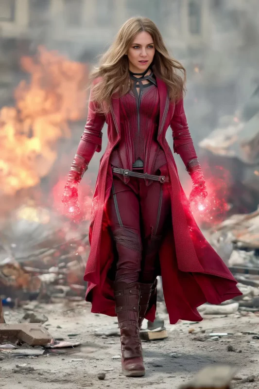 Mujer con superpoderes vestida de rojo intenso, generada por inteligencia artificial. Escena cinematográfica de acción para uso creativo o publicitario.