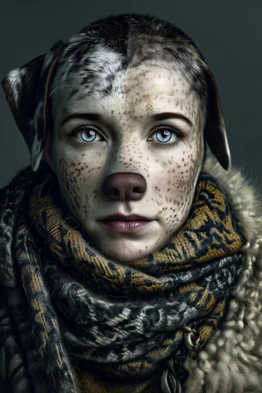 Retrato hiperrealista de mujer con rasgos caninos, creado con IA. Imagen artística de estilo oscuro ideal para proyectos visuales únicos.