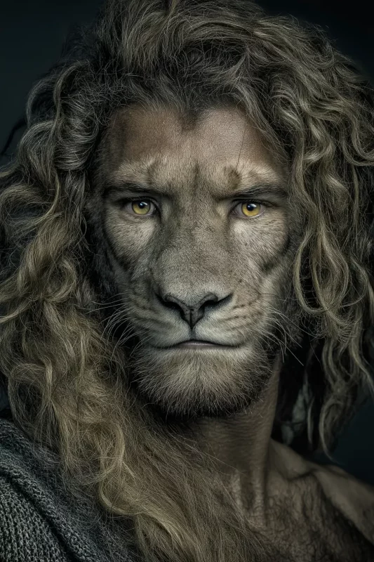 Imagen realista de un hombre con rostro de león, generada por inteligencia artificial. Ejemplo de creación visual híbrida impactante.
