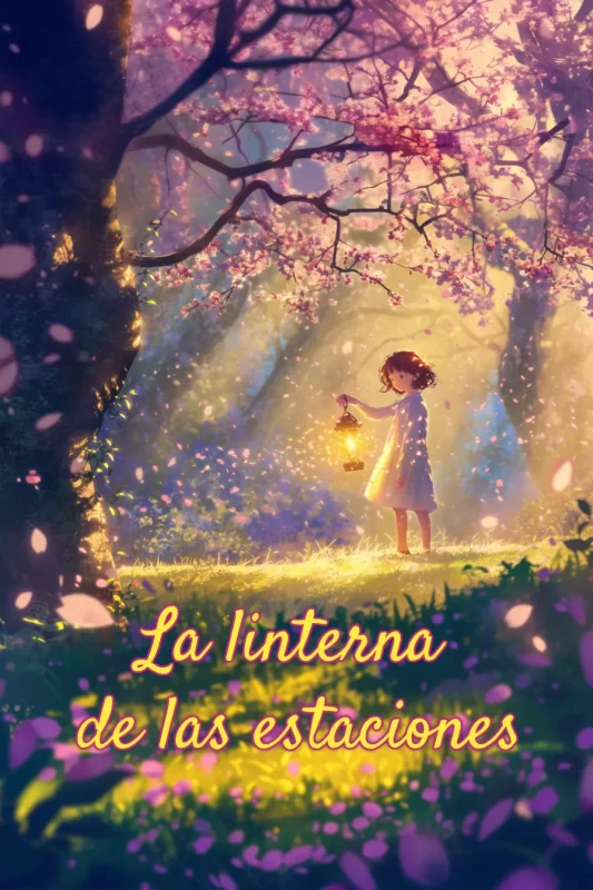 Portada de cuento infantil con ilustración generada por IA. Niña con linterna bajo árbol de flores rosadas. Imagen tierna y mágica ideal para libros o editoriales.