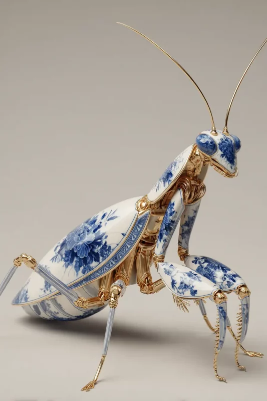 Insecto mantis religiosa diseñada con cuerpo de porcelana blanca y azul, creada por IA. Imagen de arte conceptual detallado ideal para productos decorativos o branding exclusivo.