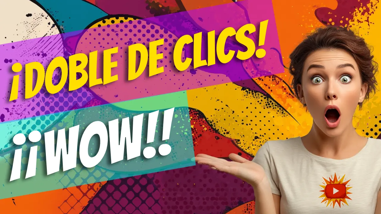 Miniatura colorida estilo pop-art para vídeo de YouTube, con mujer sorprendida y texto impactante. Ejemplo de diseño llamativo generado con IA.