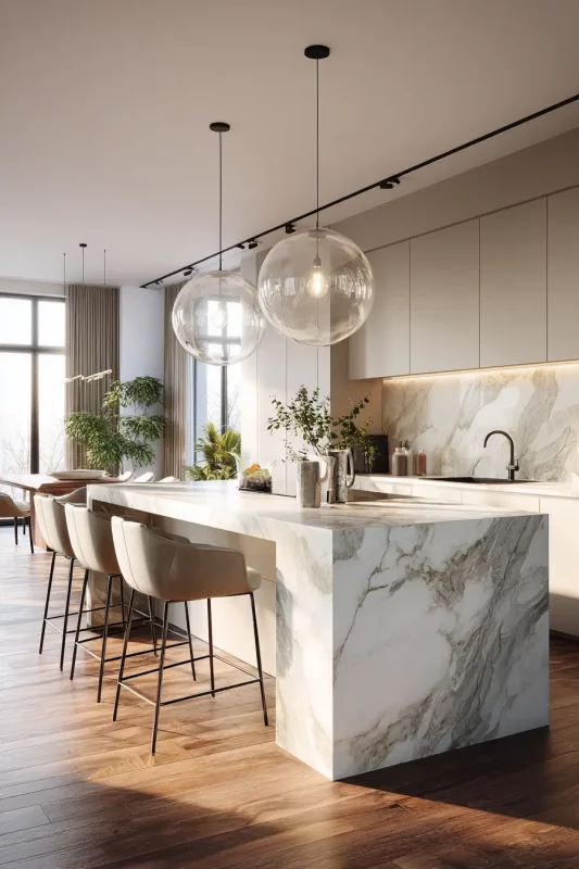 Cocina elegante con isla central de mármol blanco y decoración minimalista, generada por inteligencia artificial. Diseño de interiores realista ideal para catálogos o webs de arquitectura.