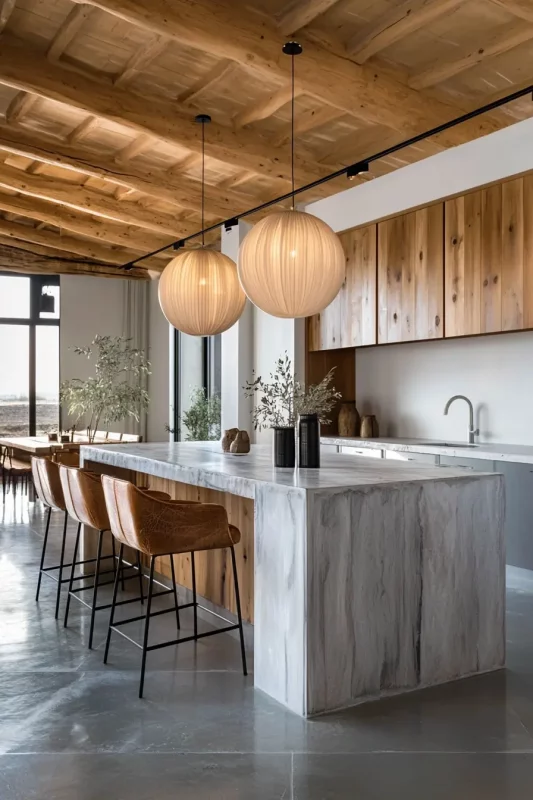 Cocina de estilo rústico con techos de madera natural y mobiliario moderno. Imagen generada por IA perfecta para inspiración en decoración de interiores.