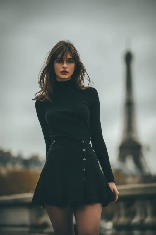 Mujer vestida de negro en París con la Torre Eiffel al fondo, imagen con estética de moda y estilo editorial, generada con inteligencia artificial.
