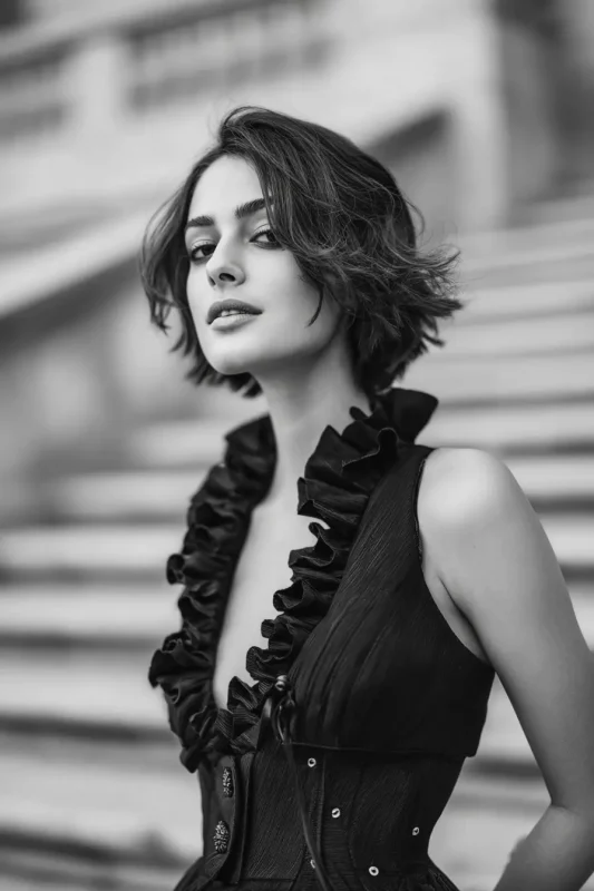 Retrato artístico de mujer con vestido de volantes, fondo urbano parisino, generado por inteligencia artificial en blanco y negro.