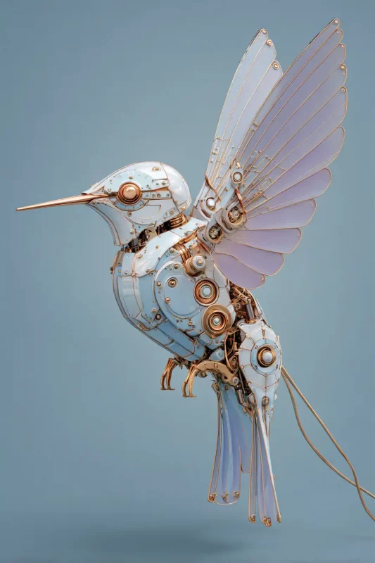 Imagen de colibrí robótico con detalles dorados y alas translúcidas, diseño futurista creado con inteligencia artificial.