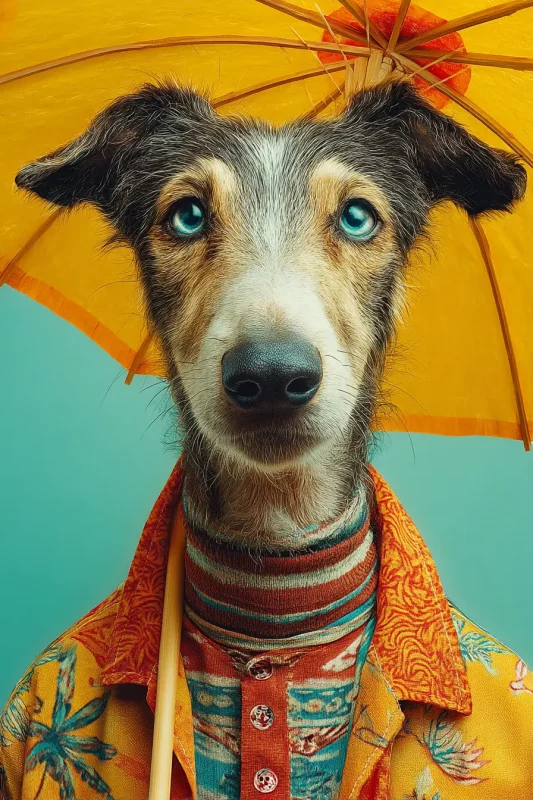 Imagen divertida de perro con ojos azules, vestimenta tropical y paraguas, creada por inteligencia artificial.