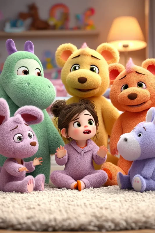 Niña rodeada de peluches coloridos en habitación acogedora, a los que cuenta una historia fascinante. Escena generada con inteligencia artificial.