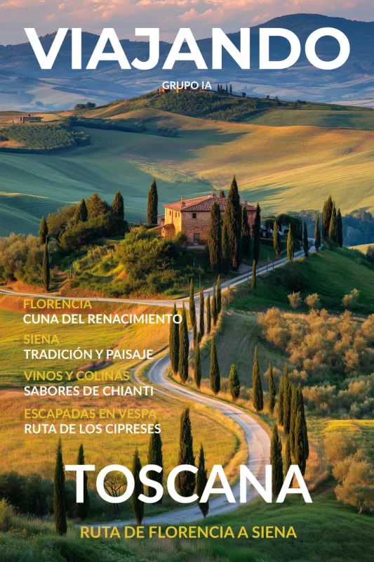 Diseño editorial con paisaje toscano, ruta de cipreses y casa rural, imagen realista creada con inteligencia artificial y editada profesionalmente.