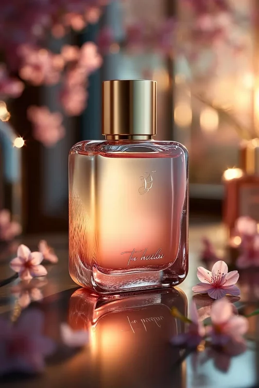 Visual elegante de perfume con reflejos dorados, entorno cálido con flores, imagen generada con inteligencia artificial.