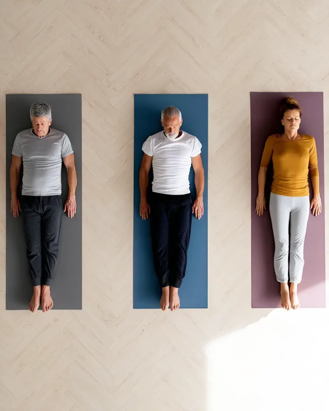 Vista cenital de personas adultas practicando yoga en esterillas, imagen armoniosa creada con inteligencia artificial.