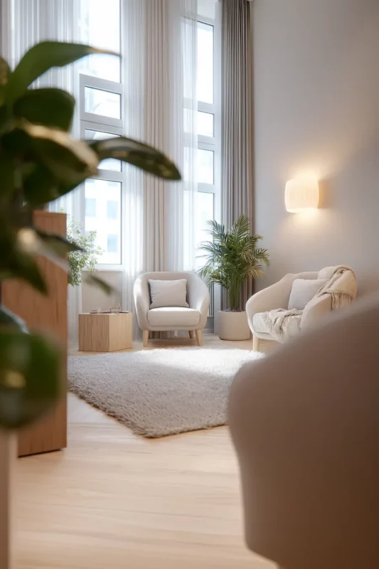 Interior moderno con sofás blancos, plantas y luz natural, visual generado mediante inteligencia artificial.