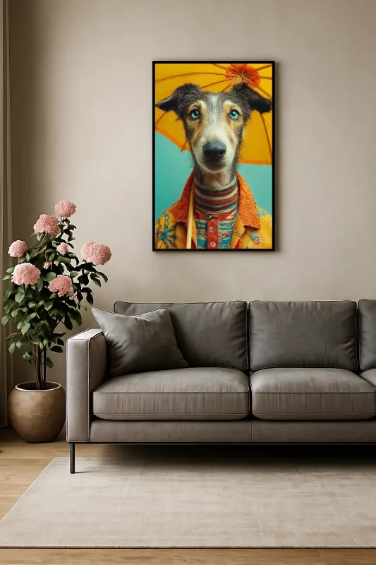 Salón moderno con cuadro de perro vestido bajo paraguas, escena interior generada por inteligencia artificial.