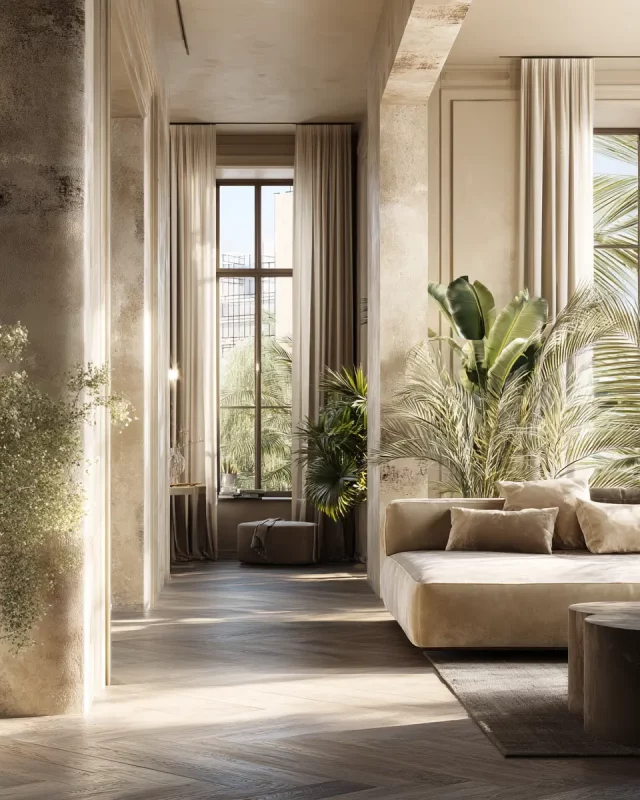 Diseño de salón moderno con sofás beige, plantas tropicales y grandes ventanales, imagen generada por inteligencia artificial.