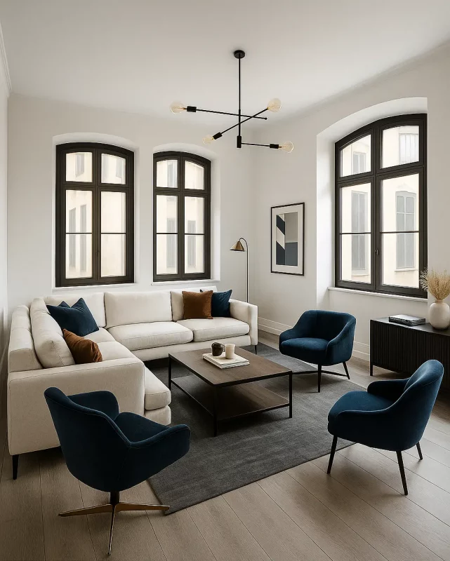 Espacio de salón con sofá en L, sillones azules y decoración minimalista, visual creado por inteligencia artificial para uso inmobiliario.