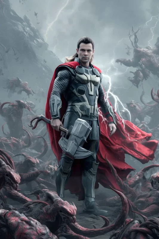 Personaje inspirado en Thor con martillo y capa roja, rodeado de criaturas oscuras, escena de acción creada con inteligencia artificial.