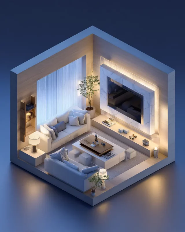 Representación 3D de salón con diseño nórdico, televisor y sofá blanco, imagen detallada generada por inteligencia artificial.